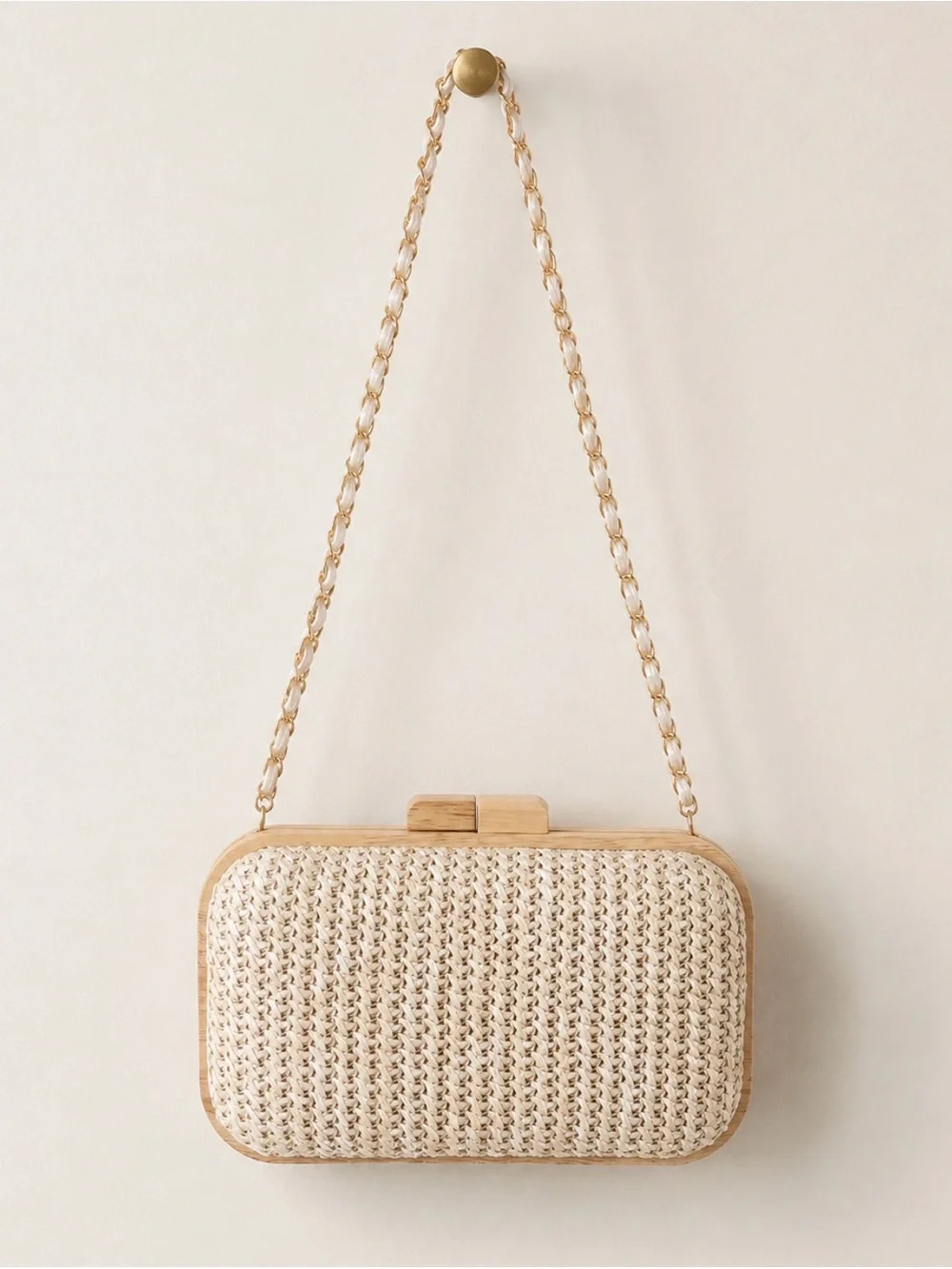 Tommy Bahama Raffia Woven Wood Frame Crossbody Clutch Gold Chain Natural NWT